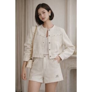 MACYMCCOY Ivory Studded Textured Cropped Jacket Shorts Designer Set Parisian M